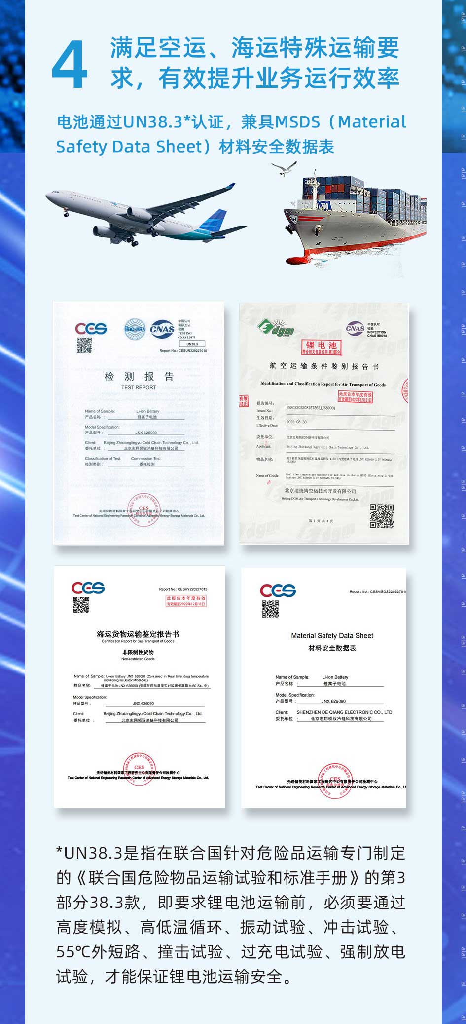 MI50系列溫度監(jiān)測儀電池通過UN38.3*認(rèn)證，兼具M(jìn)SDS（Material Safety Data Sheet）材料安全數(shù)據(jù)表，滿足空運、海運特殊運輸要求，有效提升業(yè)務(wù)運行效率。